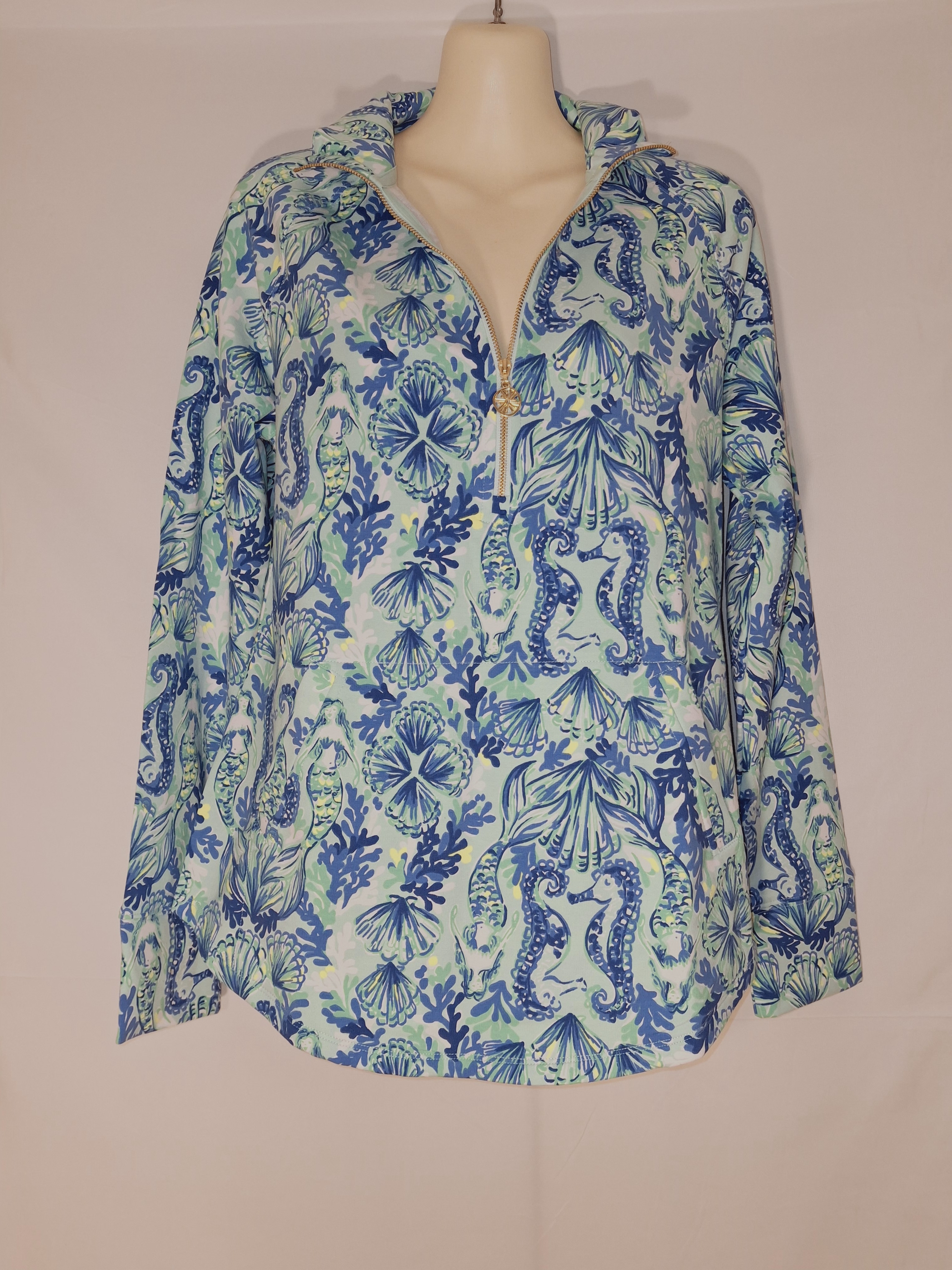 Lilly Pulitzer Skipper Popover Sea Glass Seeing Double Quarter Zip Small